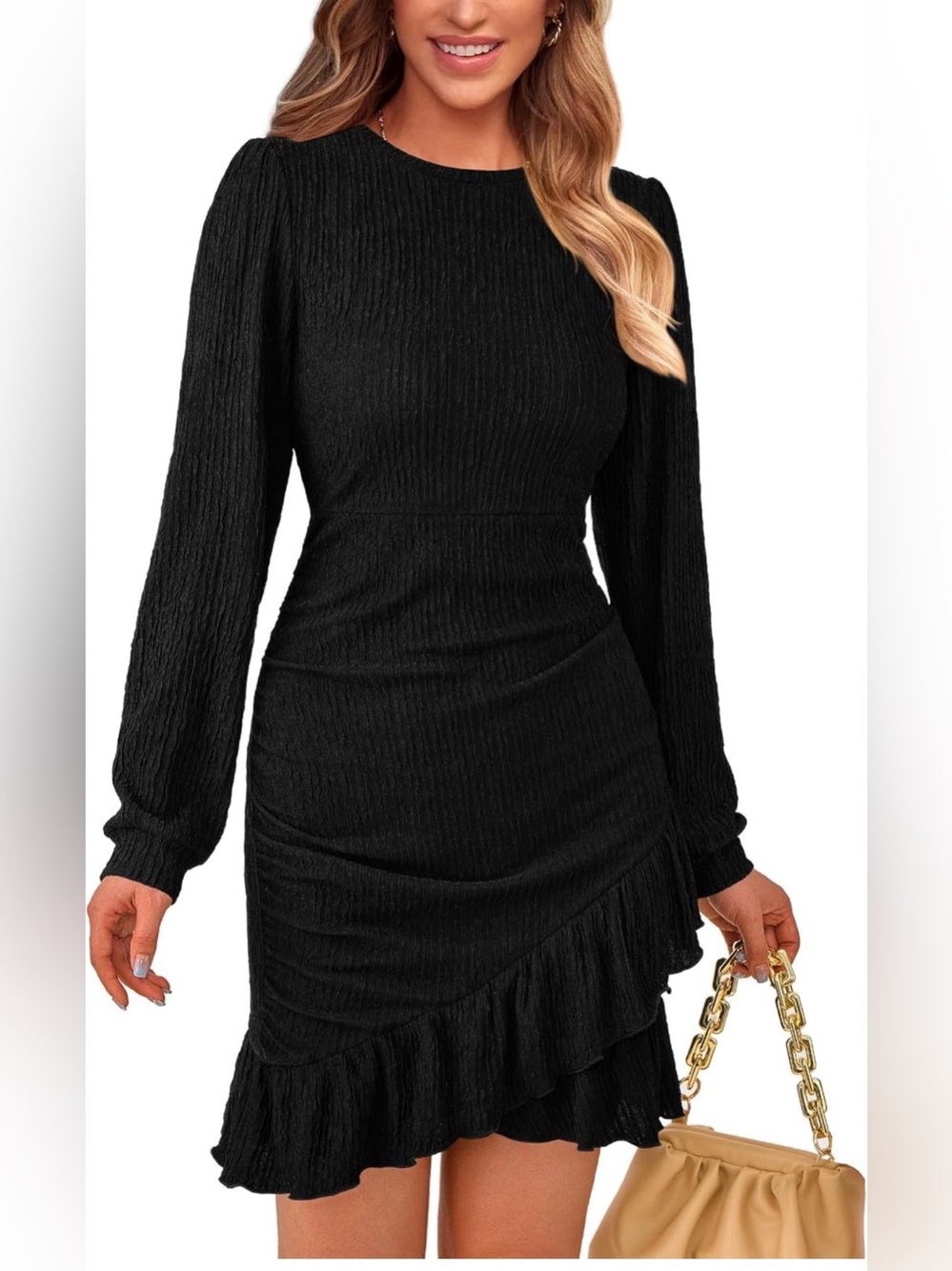 Black Long-Sleeve Ruffle-Hem Dress